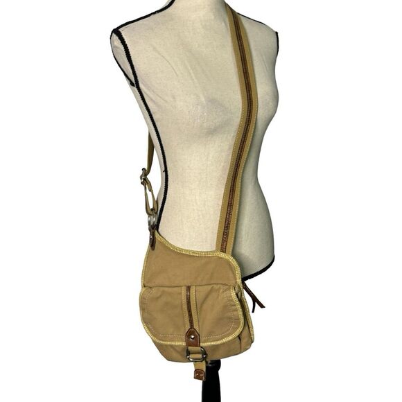 Fossil Canvas Crossbody Bag Adjustable Strap Sling Tan‎ Snap Close - Picture 1 of 13
